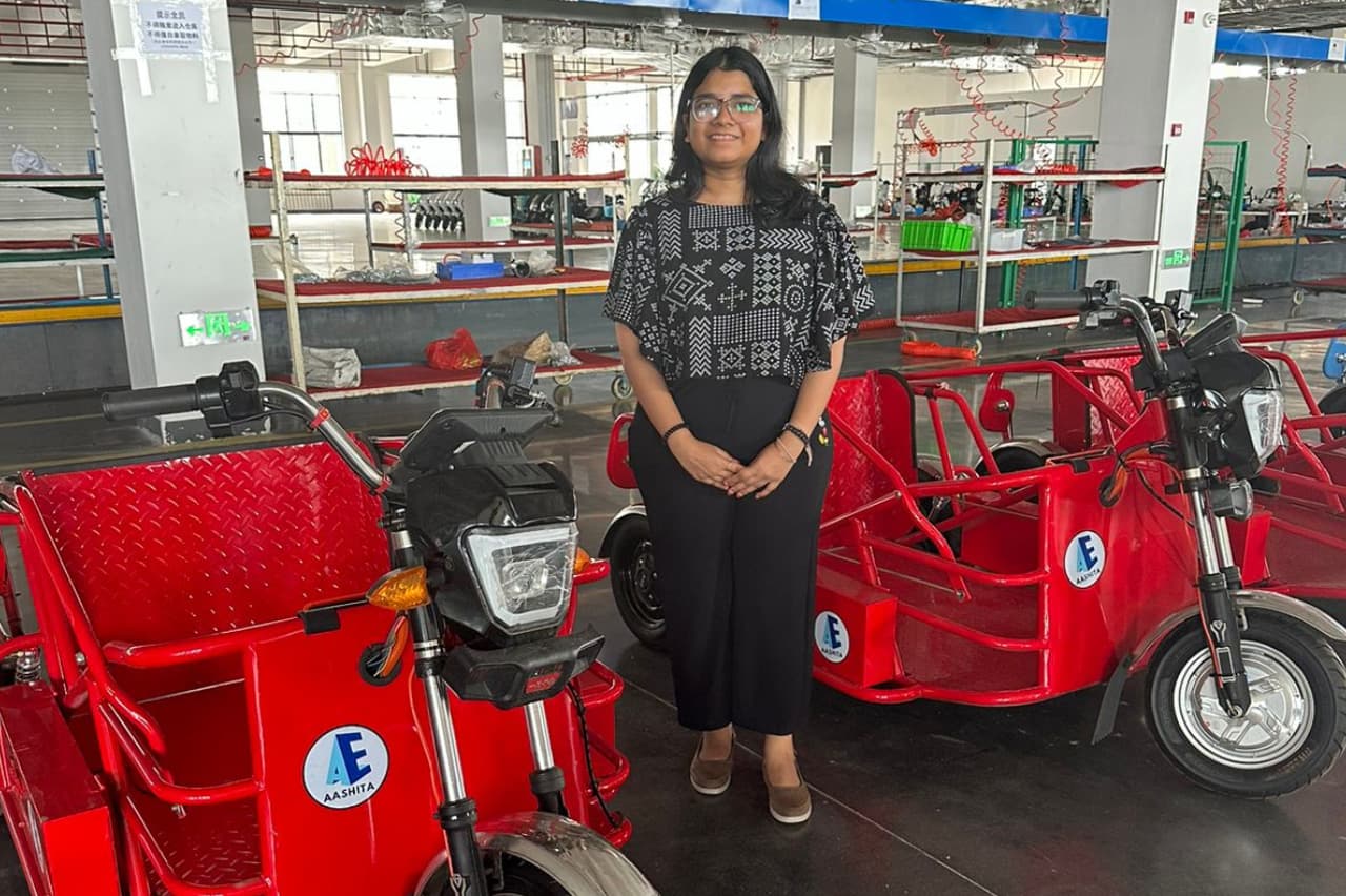 Aashita-badged electric three-wheelers on the production floor